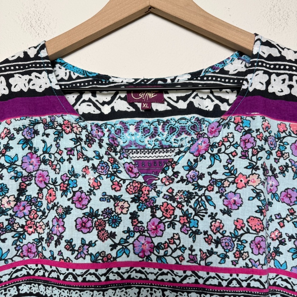 Coline Women Tunic Top XL Multicolor Patchwork Floral V-Neck Half Sleeve Cotton - Picture 3 of 10